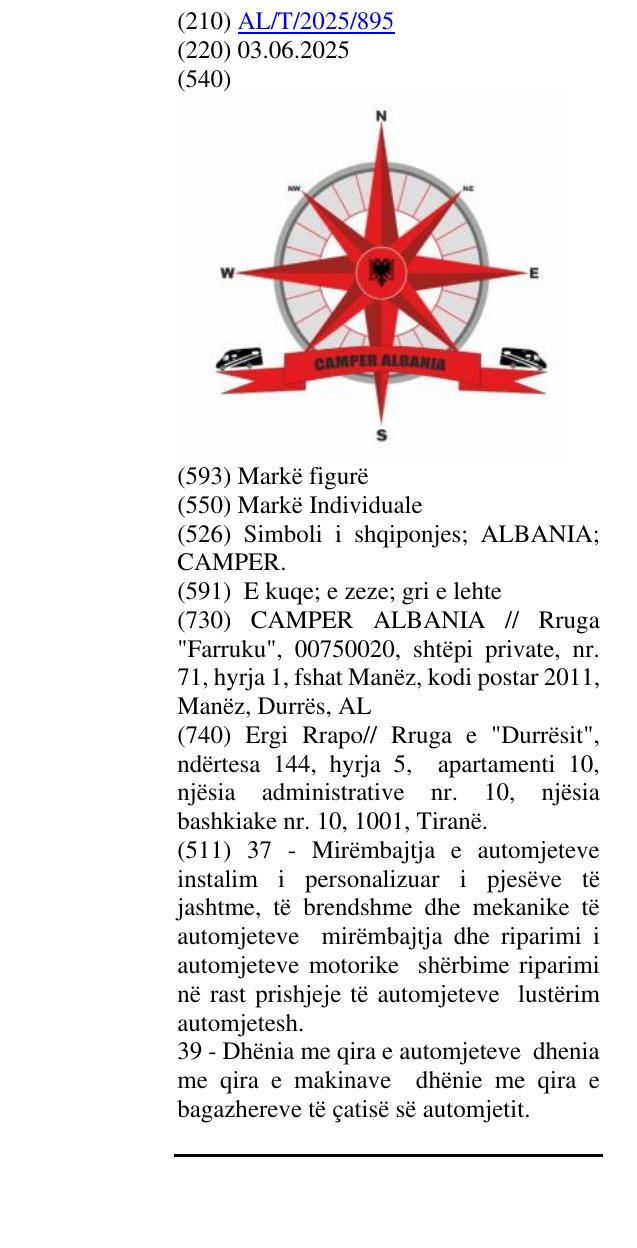Zëri i markës Simboli i shqiponjes; ALBANIA; CAMPER. në buletin