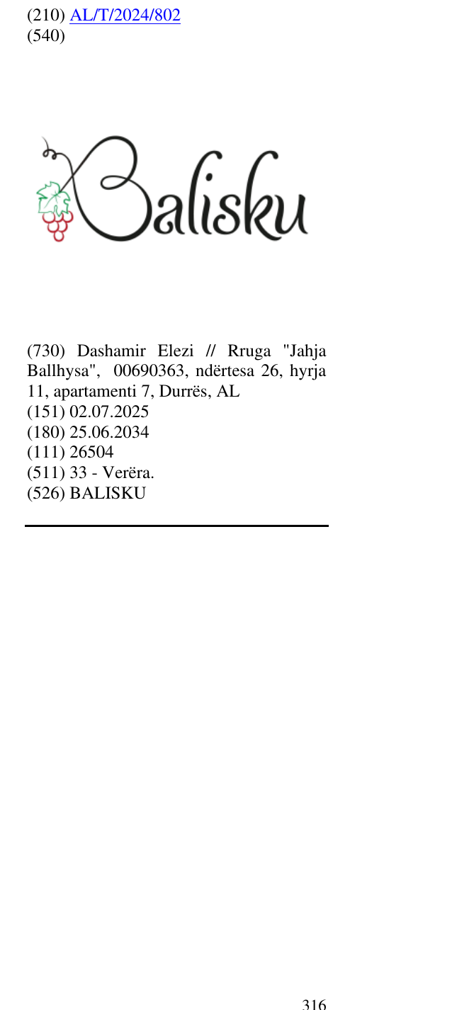 Zëri i markës BALISKU 317 në buletin