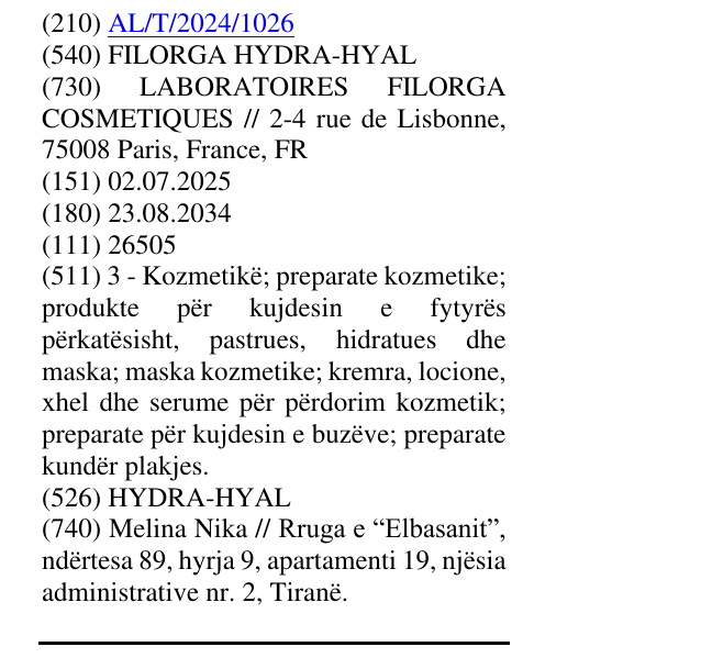 Zëri i markës FILORGA HYDRA-HYAL në buletin