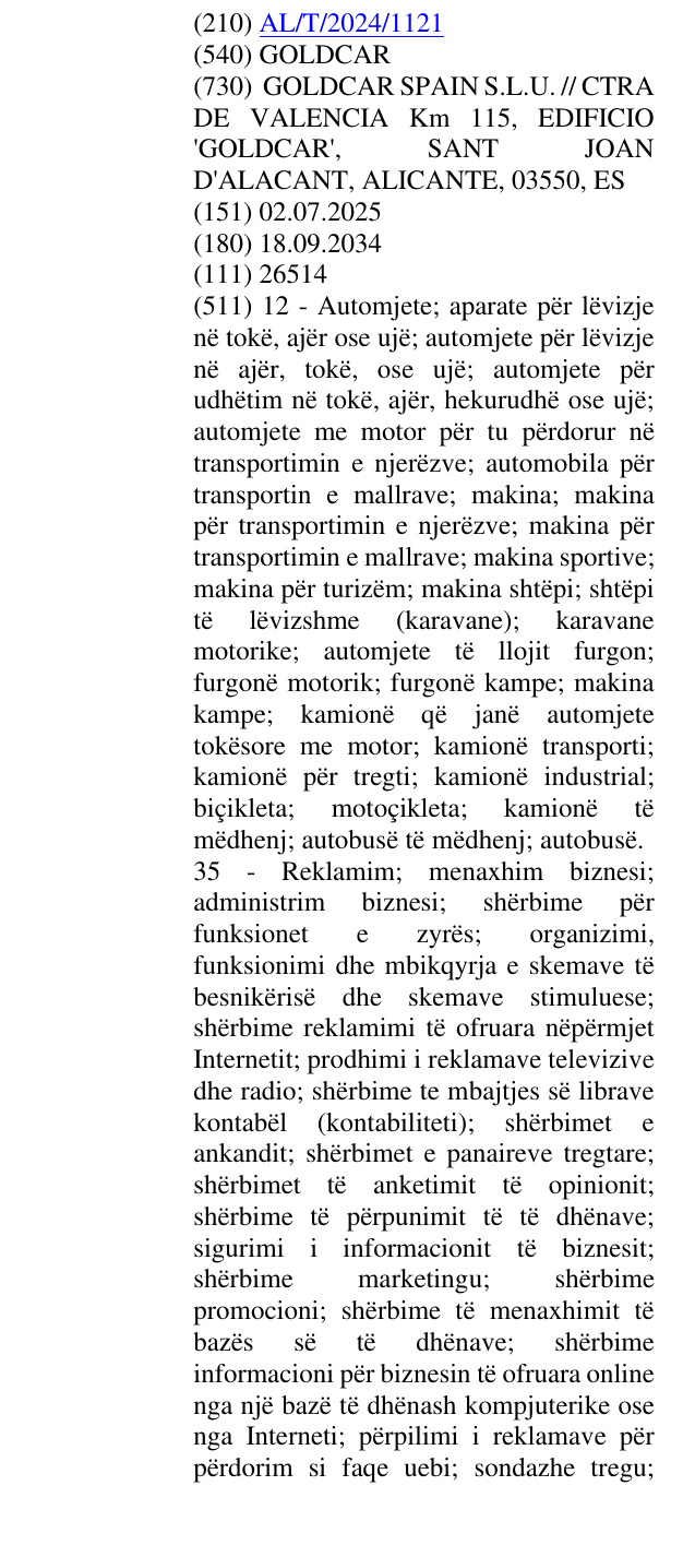 Zëri i markës GOLDCAR në buletin