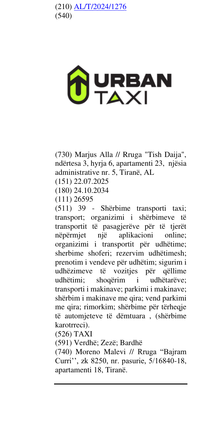 Zëri i markës TAXI në buletin
