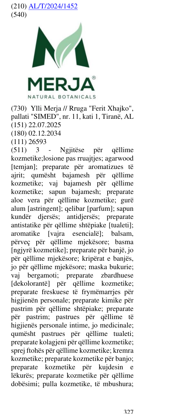 Zëri i markës NATURAL BOTANICALS; Simboli ® në buletin