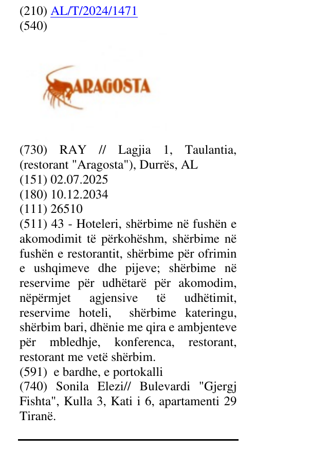 Zëri i markës aragosta në buletin
