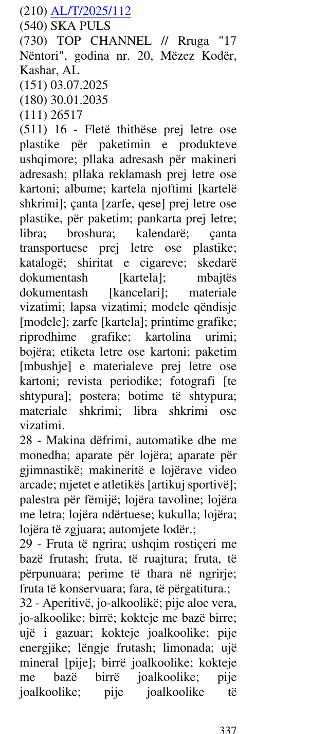 Zëri i markës SKA PULS në buletin