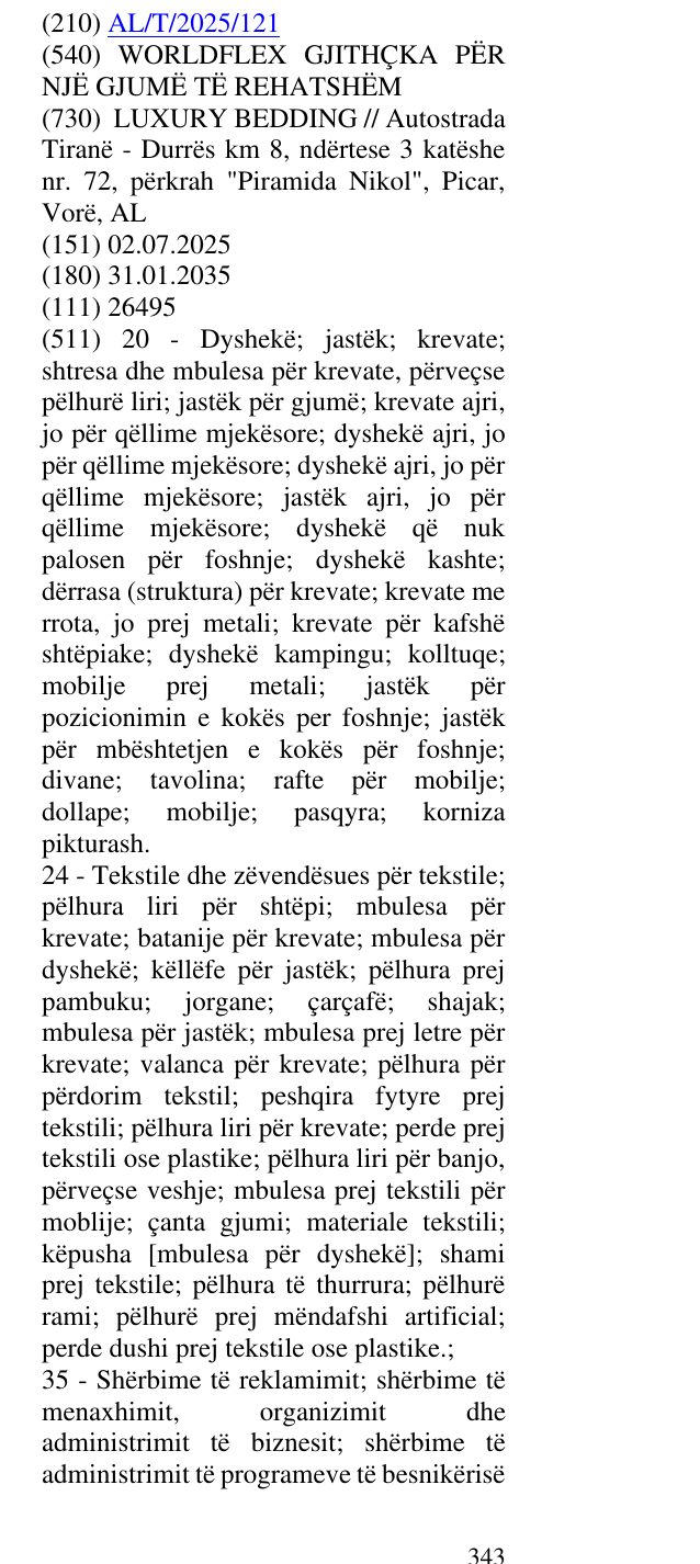 Zëri i markës WORLDFLEX GJITHÇKA PËR NJË GJUMË TË REHATSHËM në buletin