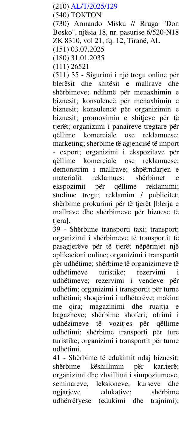 Zëri i markës TOKTON në buletin