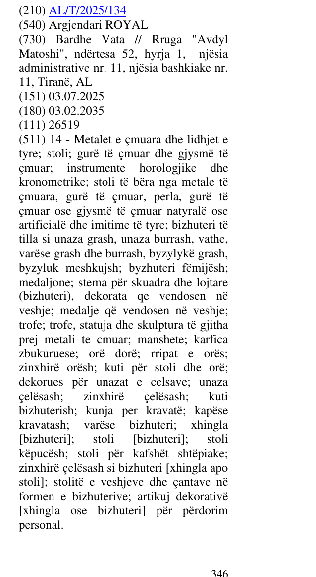 Zëri i markës Argjendari ROYAL në buletin
