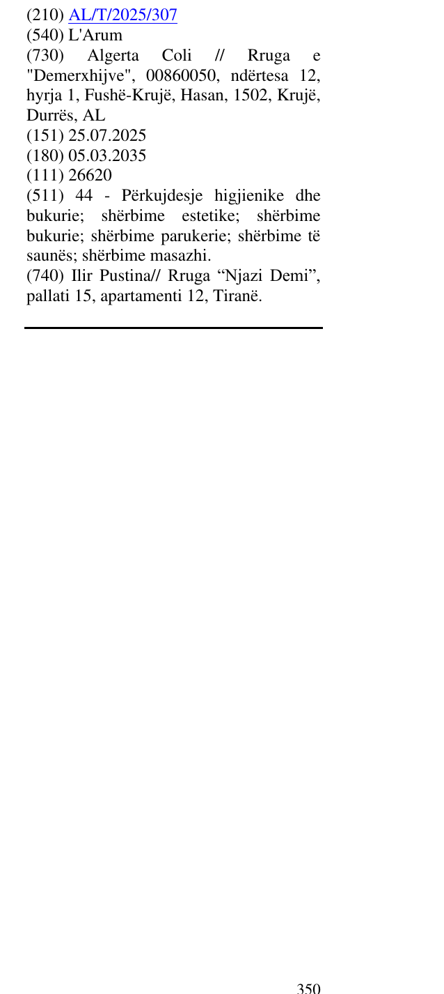 The entry of the trademark L'Arum in the bulletin