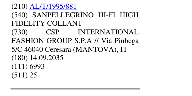 Zëri i markës SANPELLEGRINO HI-FI HIGH FIDELITY COLLANT në buletin