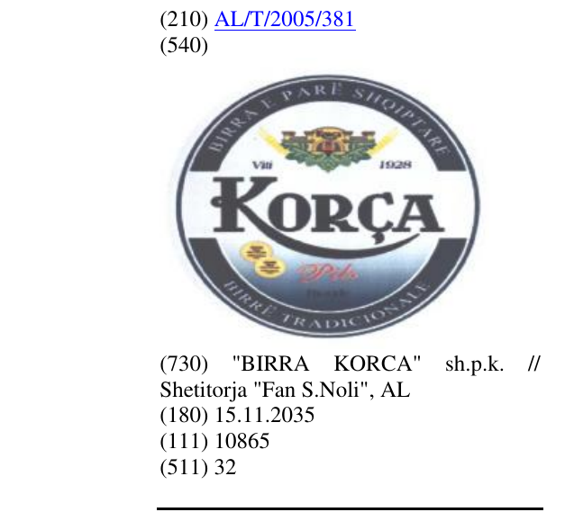 Zëri i markës KORÇA PILS -BIONDE në buletin