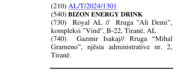 Zëri i markës BIZON ENERGY DRINK në buletin