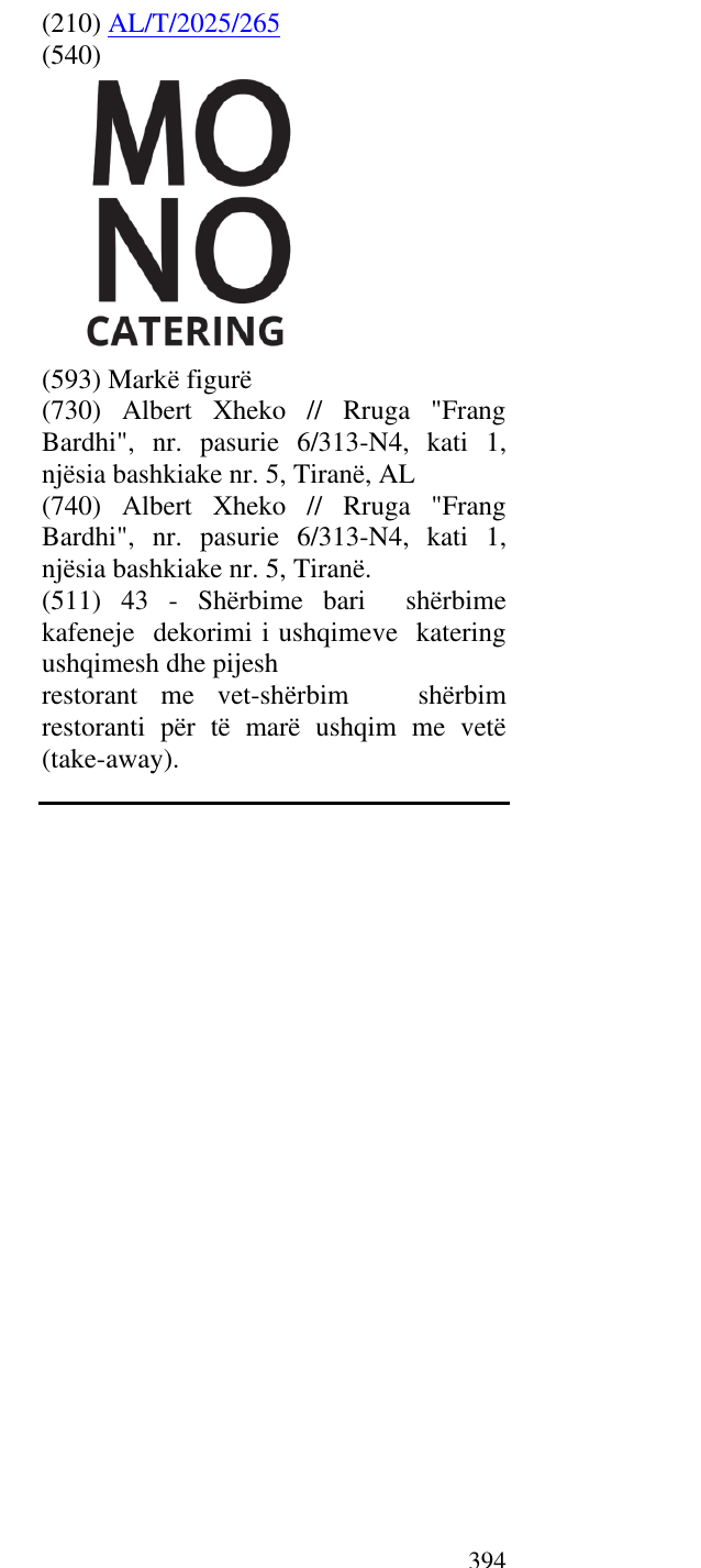 Zëri i markës MONO CATERING në buletin