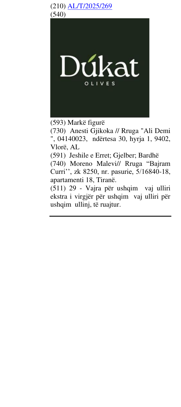 Zëri i markës DUKAT Olives në buletin