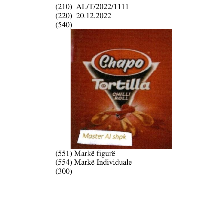Zëri i markës Tortilla; chilli roll; Master, elementet figurative të specave dhe patatinave; Al në buletin