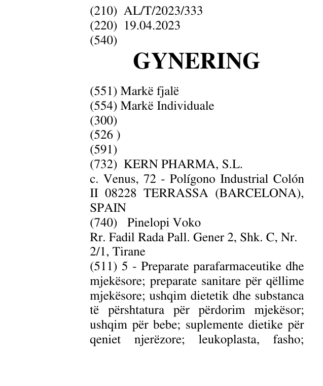 Zëri i markës GYNERING në buletin