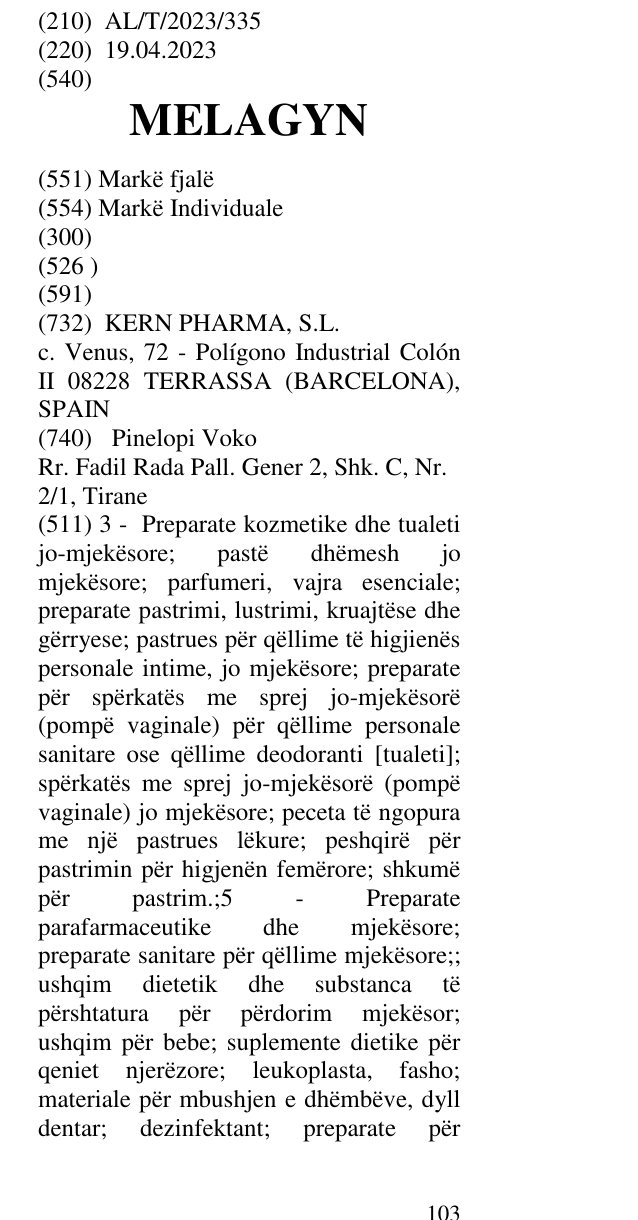 Zëri i markës MELAGYN në buletin