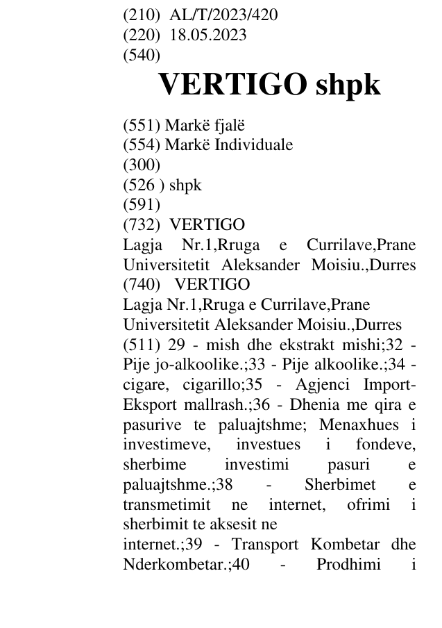 Zëri i markës VERTIGO shpk në buletin