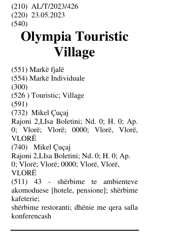 Zëri i markës Olympia Touristic Village në buletin