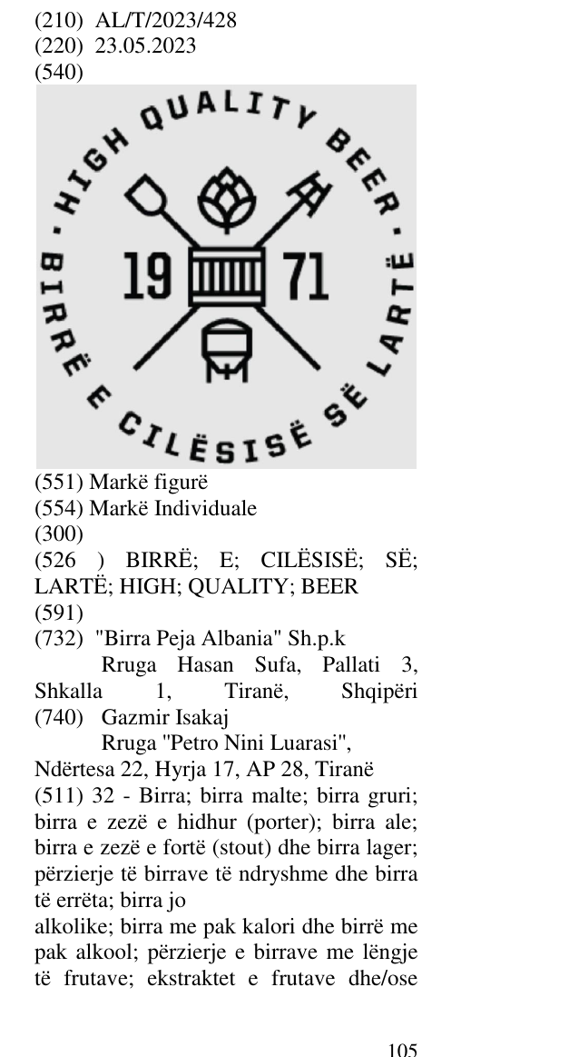 Zëri i markës BIRRË; E; CILËSISË; SË; LARTË; HIGH; QUALITY; BEER në buletin