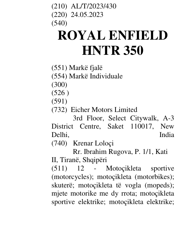 Zëri i markës ROYAL ENFIELD HNTR 350 në buletin