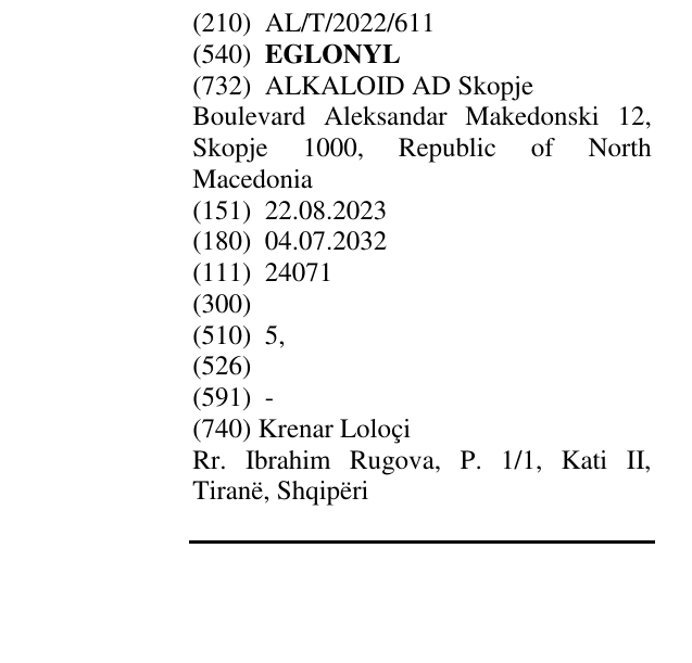 Zëri i markës EGLONYL në buletin