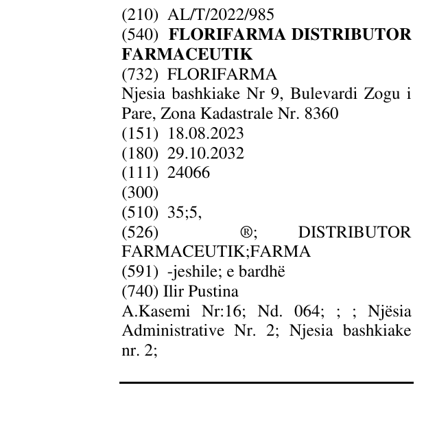 Zëri i markës FLORIFARMA DISTRIBUTOR FARMACEUTIK në buletin
