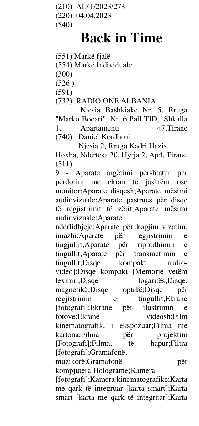 Zëri i markës Back in Time në buletin