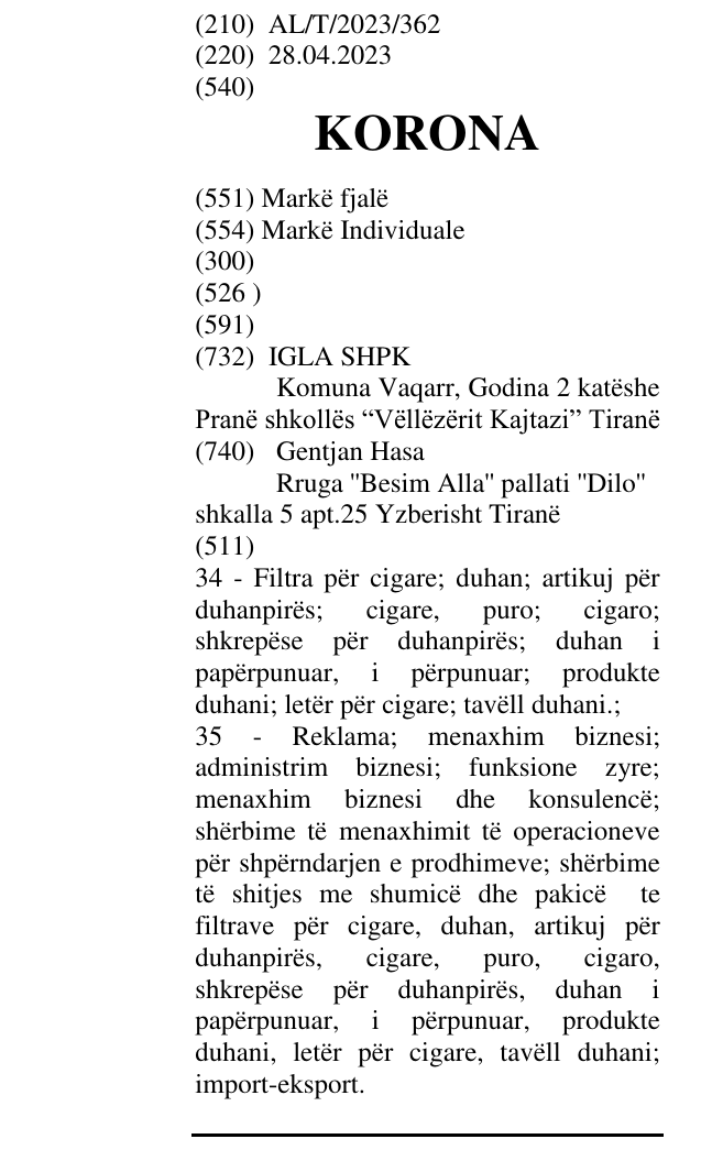Zëri i markës KORONA në buletin