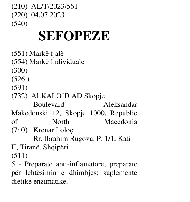 Zëri i markës SEFOPEZE në buletin