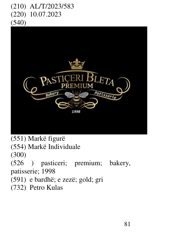 Zëri i markës pasticeri; premium; bakery, patisserie; 1998 në buletin