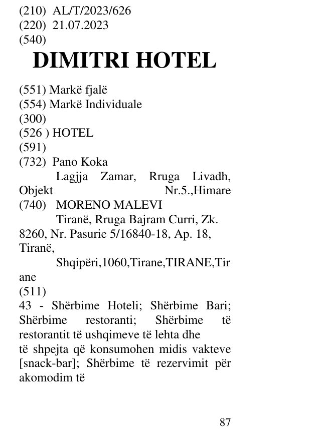 Zëri i markës DIMITRI HOTEL në buletin