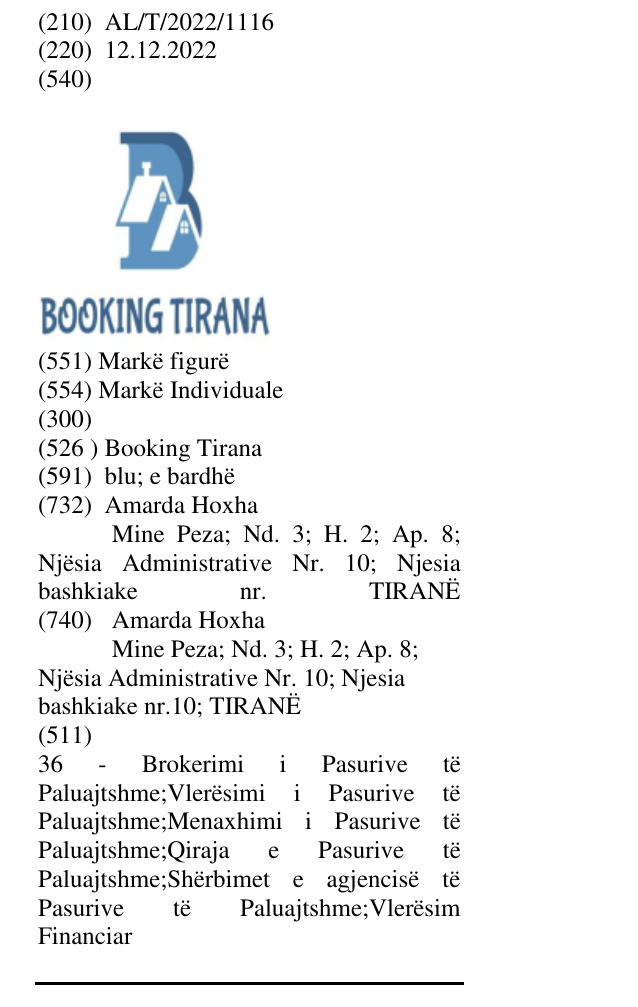 Zëri i markës Booking Tirana në buletin