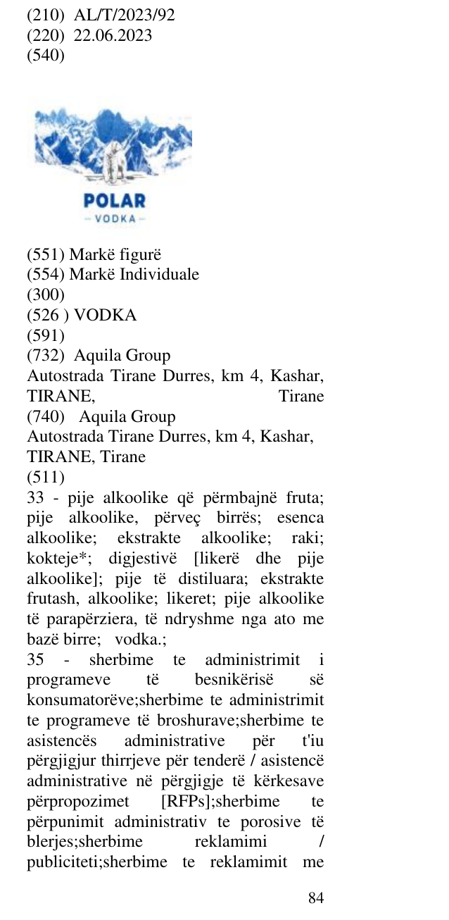 Zëri i markës VODKA në buletin