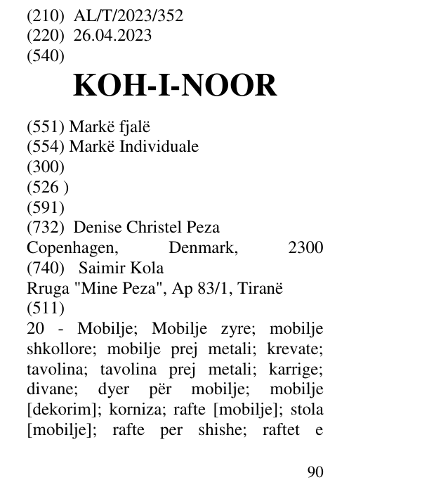 Zëri i markës KOH-I-NOOR në buletin