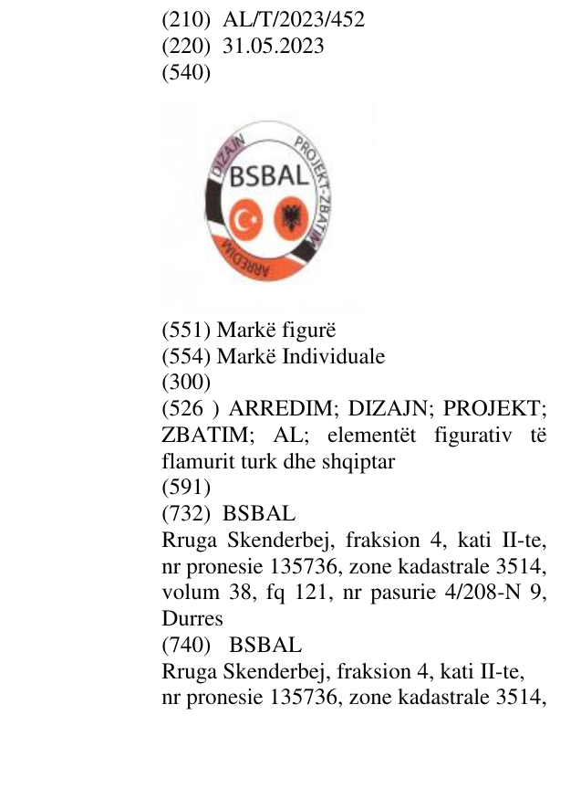 Zëri i markës ARREDIM; DIZAJN; PROJEKT; ZBATIM; AL; elementët figurativ të flamurit turk dhe shqiptar në buletin