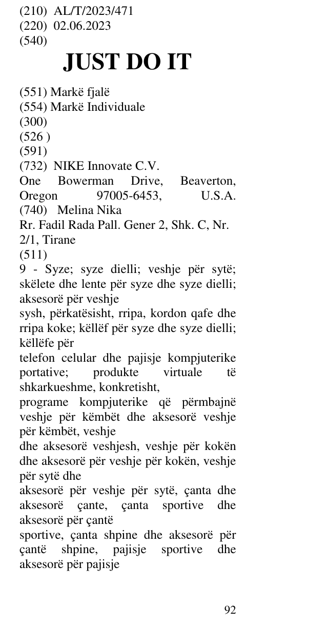 Zëri i markës JUST DO IT në buletin
