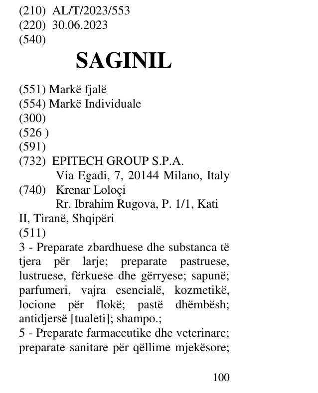Zëri i markës SAGINIL në buletin