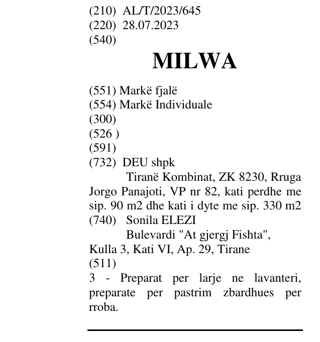 Zëri i markës MILWA në buletin