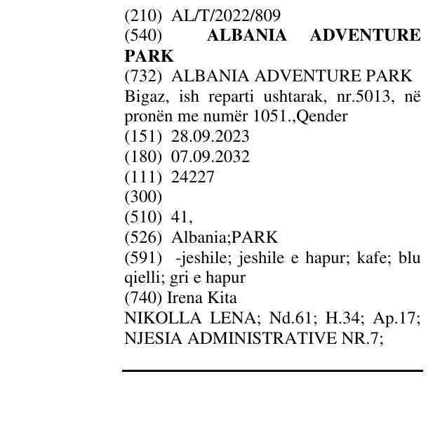 Zëri i markës ALBANIA ADVENTURE PARK në buletin