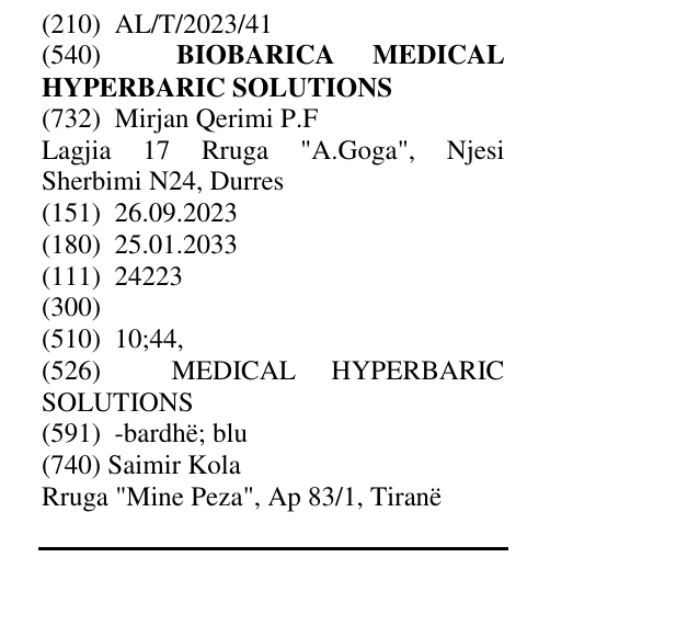 Zëri i markës BIOBARICA MEDICAL HYPERBARIC SOLUTIONS në buletin