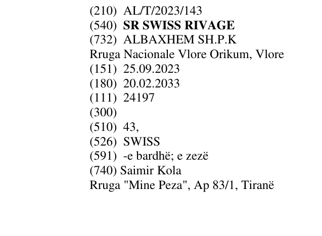 Zëri i markës SR SWISS RIVAGE në buletin