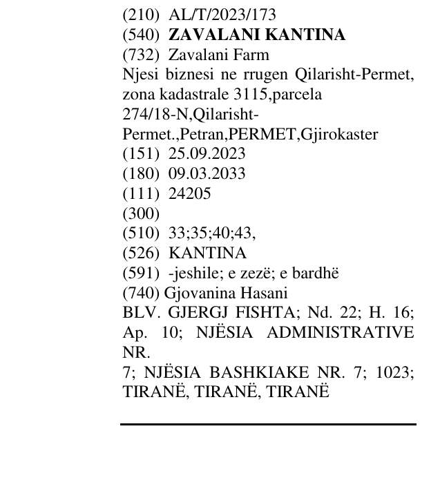 Zëri i markës ZAVALANI KANTINA në buletin