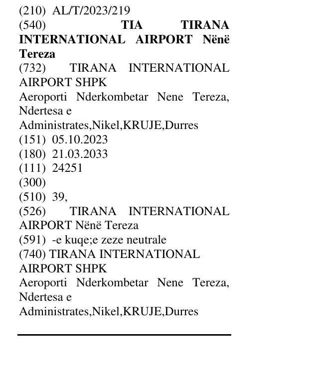 Zëri i markës TIA TIRANA INTERNATIONAL AIRPORT Nënë Tereza në buletin