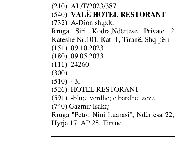 Zëri i markës VALË HOTEL RESTORANT në buletin