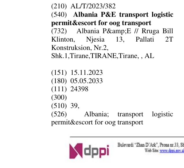 Zëri i markës Albania P&E transport logistic permit&escort for oog transport në buletin