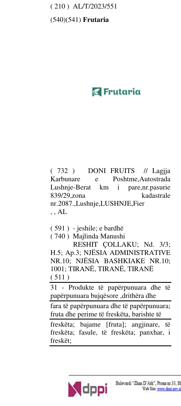 Zëri i markës Frutaria në buletin