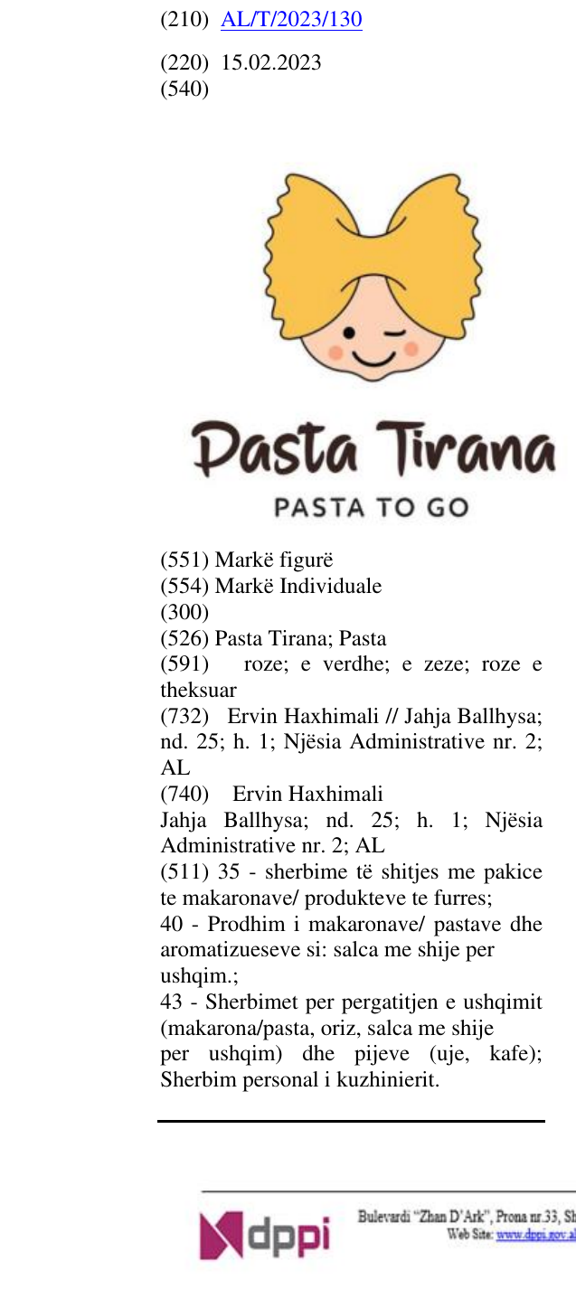 Zëri i markës Pasta Tirana; Pasta në buletin
