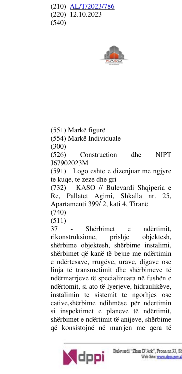 Zëri i markës Construction dhe NIPT J67902023M në buletin