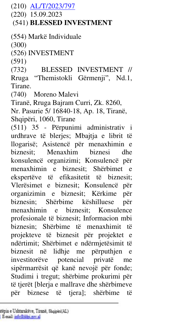 Zëri i markës INVESTMENT në buletin