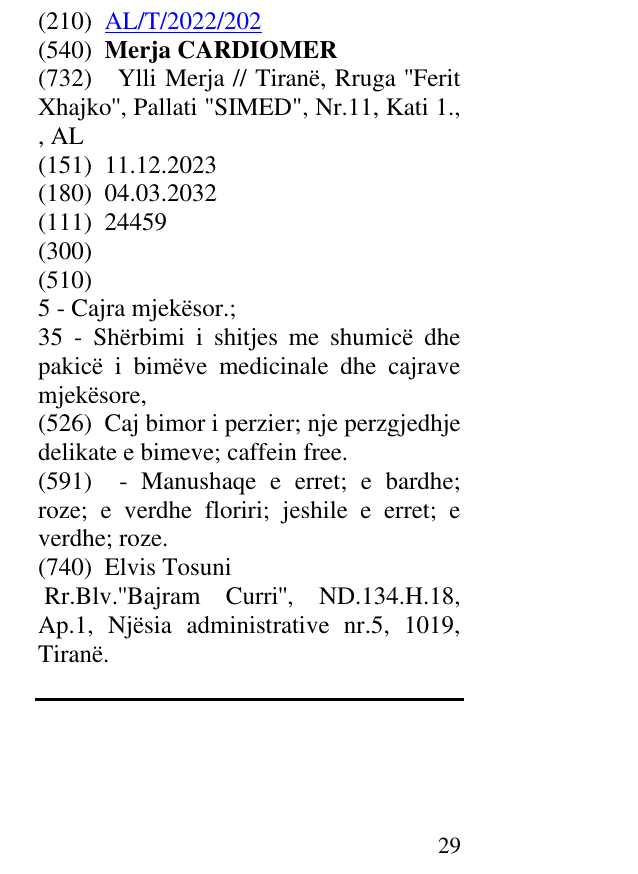 Zëri i markës Merja CARDIOMER në buletin